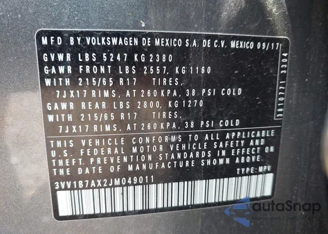 2018 Volkswagen Tiguan 2.0T S z USA, uszkodzony, nr VIN 3VV1B7AX2JM049011